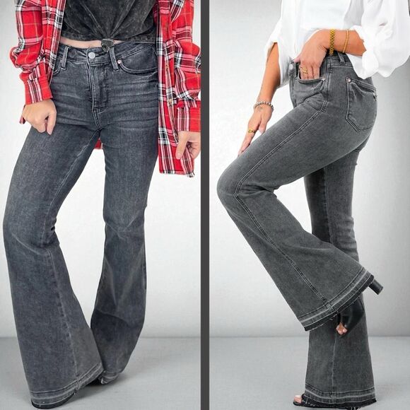 Judy Blue Washed Gray Mid Rise Tummy Control Release Hem Flare Jeans NWT - Picture 1 of 15